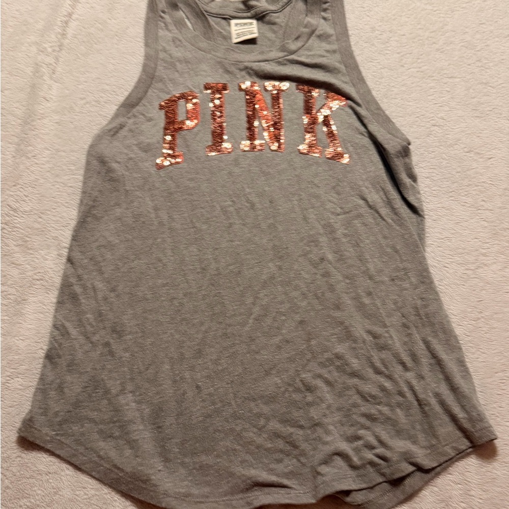 PINK Victoria's Secret Gray Tank with Rose Gold Sequin Logo